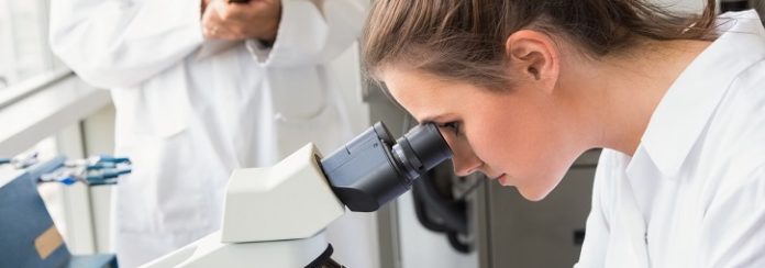 Young scientist looking through microscope at the laboratory